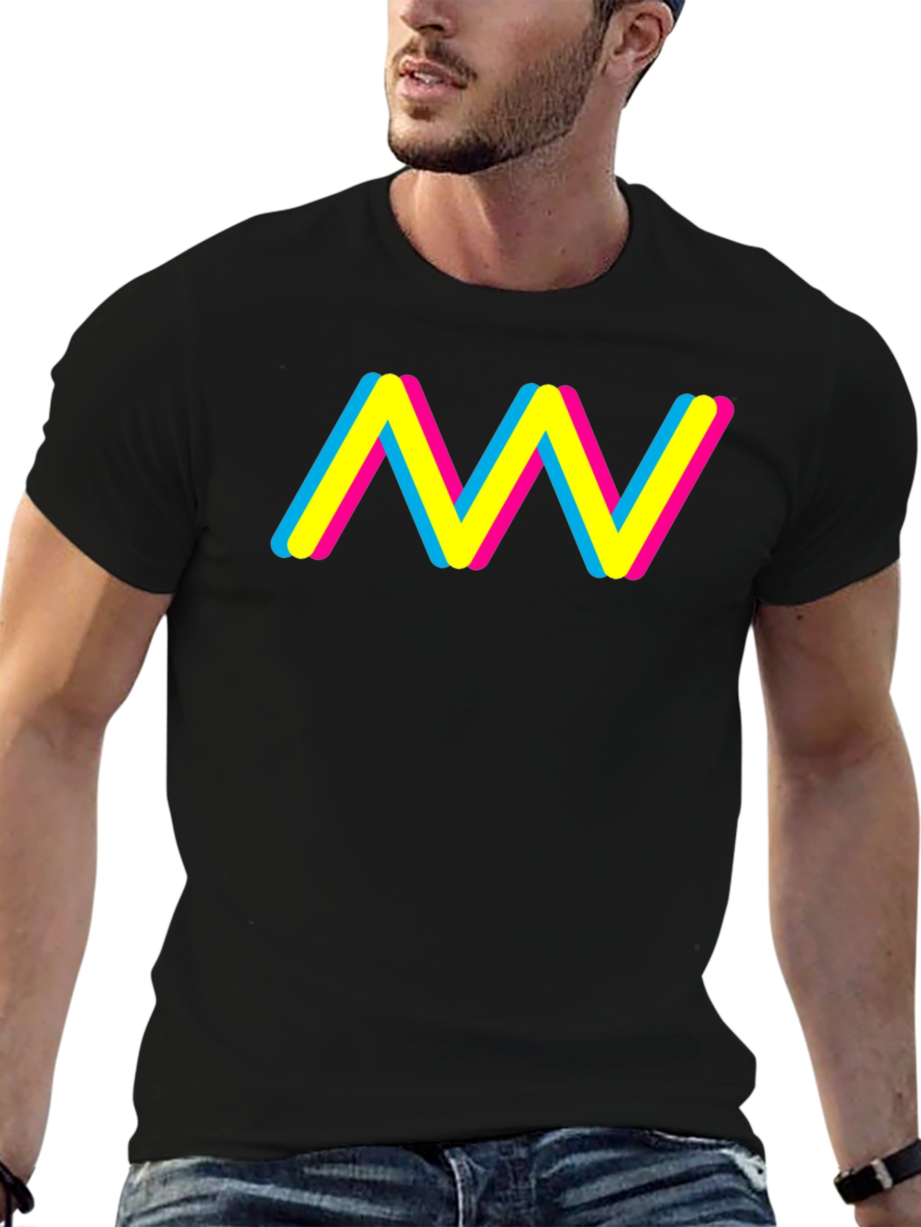 Trendy CMY Wave Graphic T-Shirt - Black