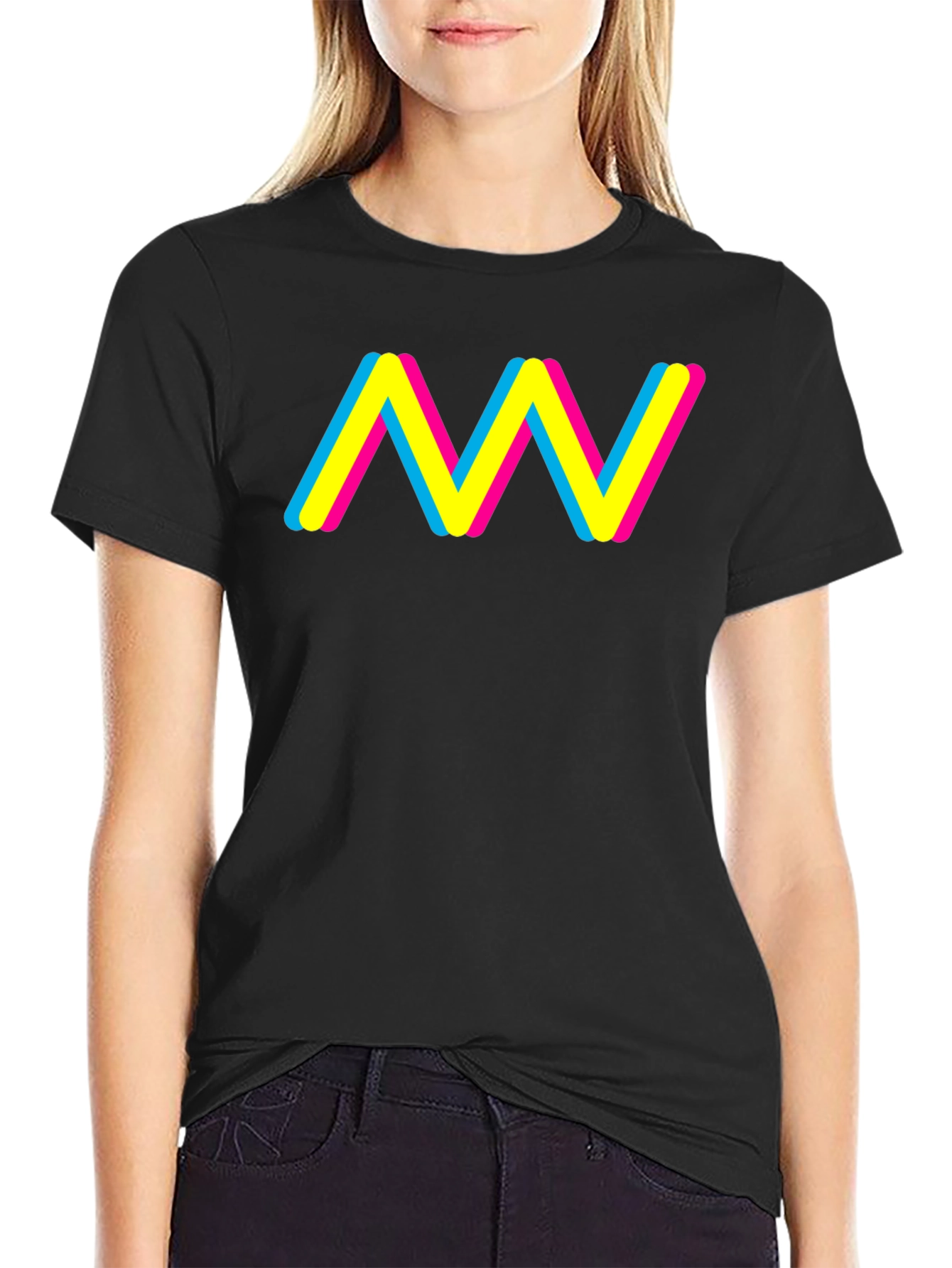 Trendy CMY Wave Graphic T-Shirt - Black