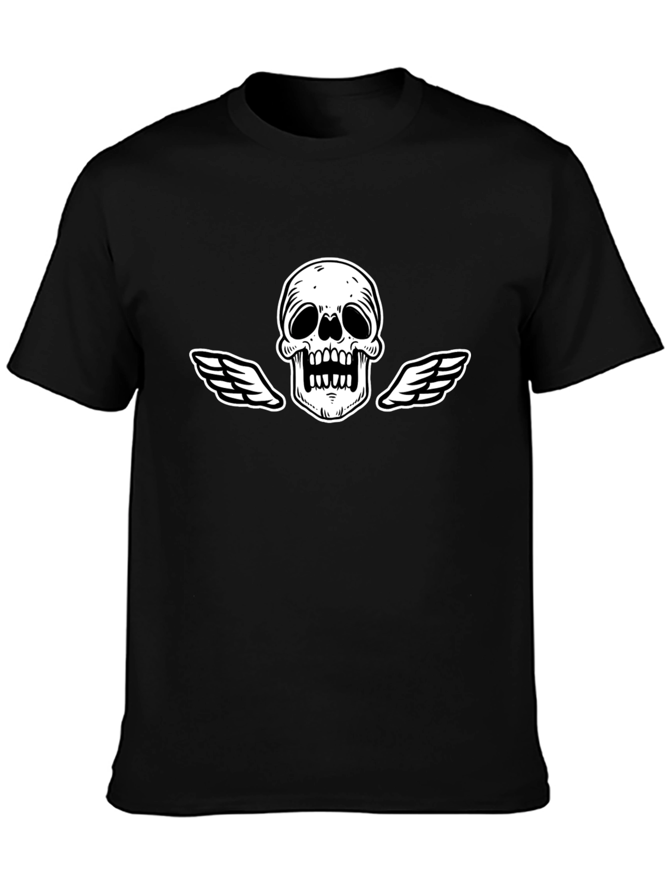 Black T-Shirt with Skull and Wings Graphic