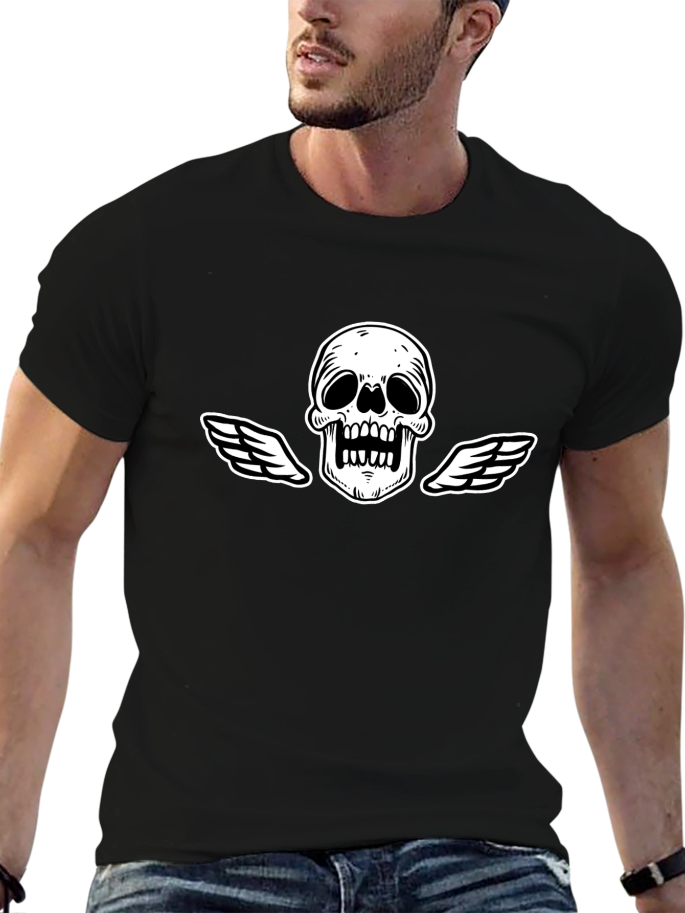 Black T-Shirt with Skull and Wings Graphic