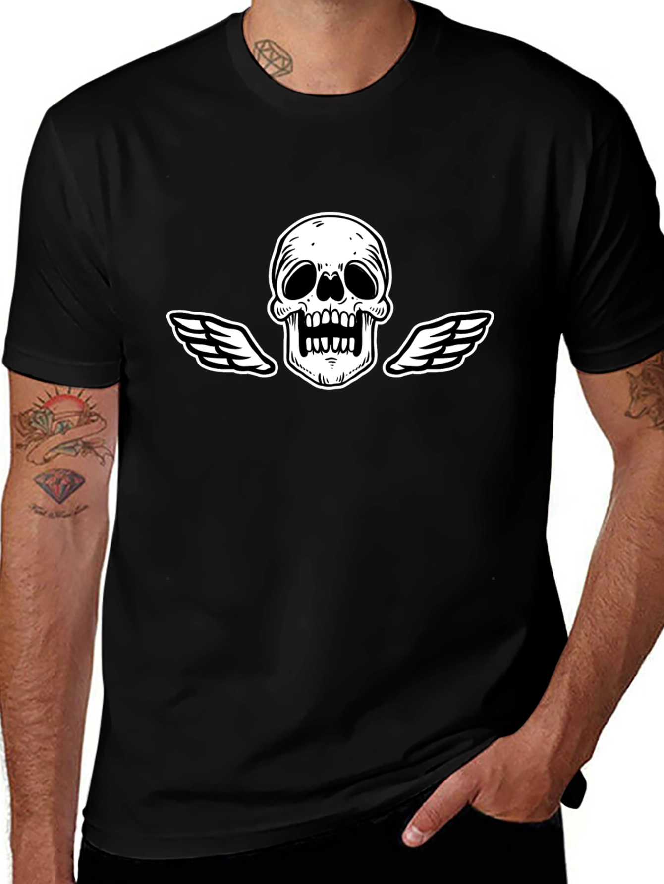 Black T-Shirt with Skull and Wings Graphic