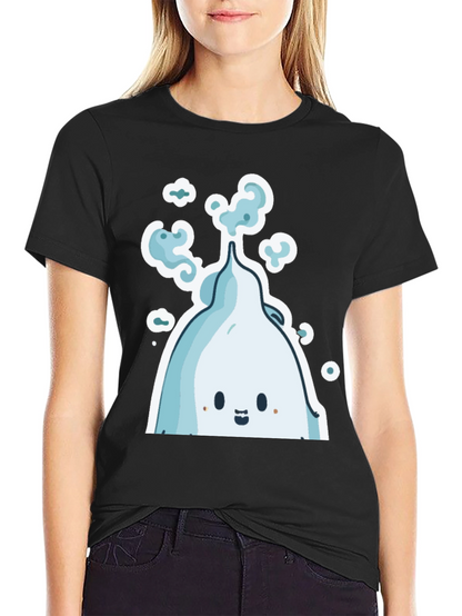 Cute Ghost Cartoon Graphic Tee - Black Cotton Shirt