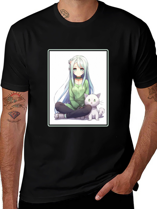 Anime Girl & Cat Graphic Tee - Black Cotton Casual Shirt