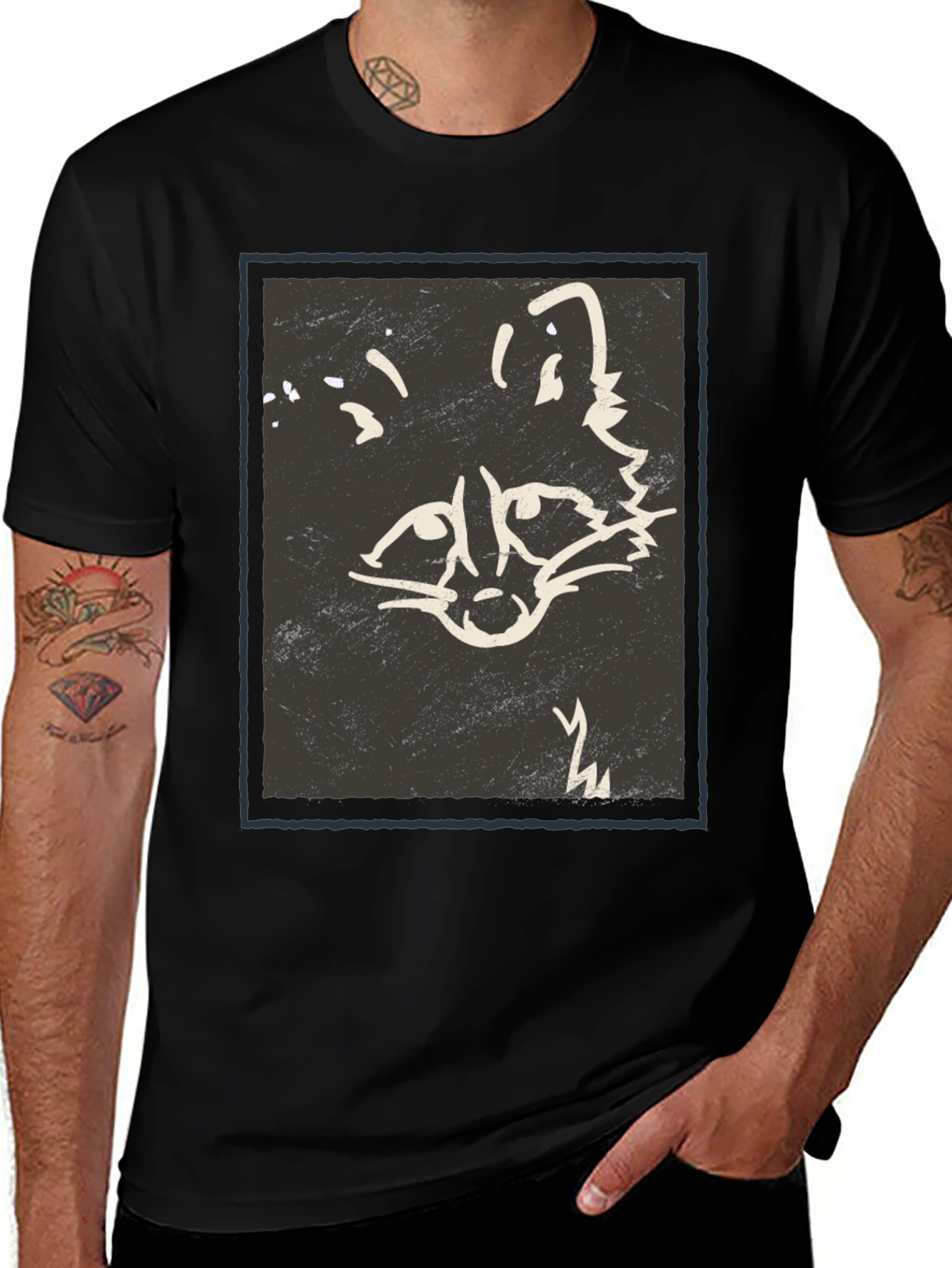 Abstract Raccoon Graphic Print Black T-Shirt