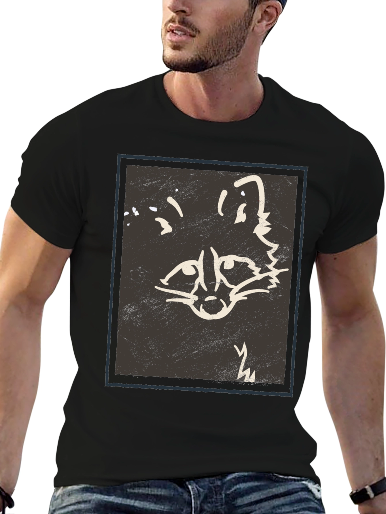 Abstract Raccoon Graphic Print Black T-Shirt