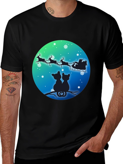 Festive Cats & Santa Sleigh Black T-Shirt