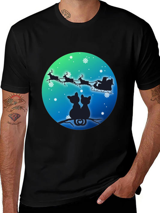 Festive Cats & Santa Sleigh Black T-Shirt
