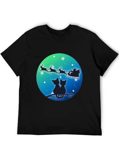 Festive Cats & Santa Sleigh Black T-Shirt