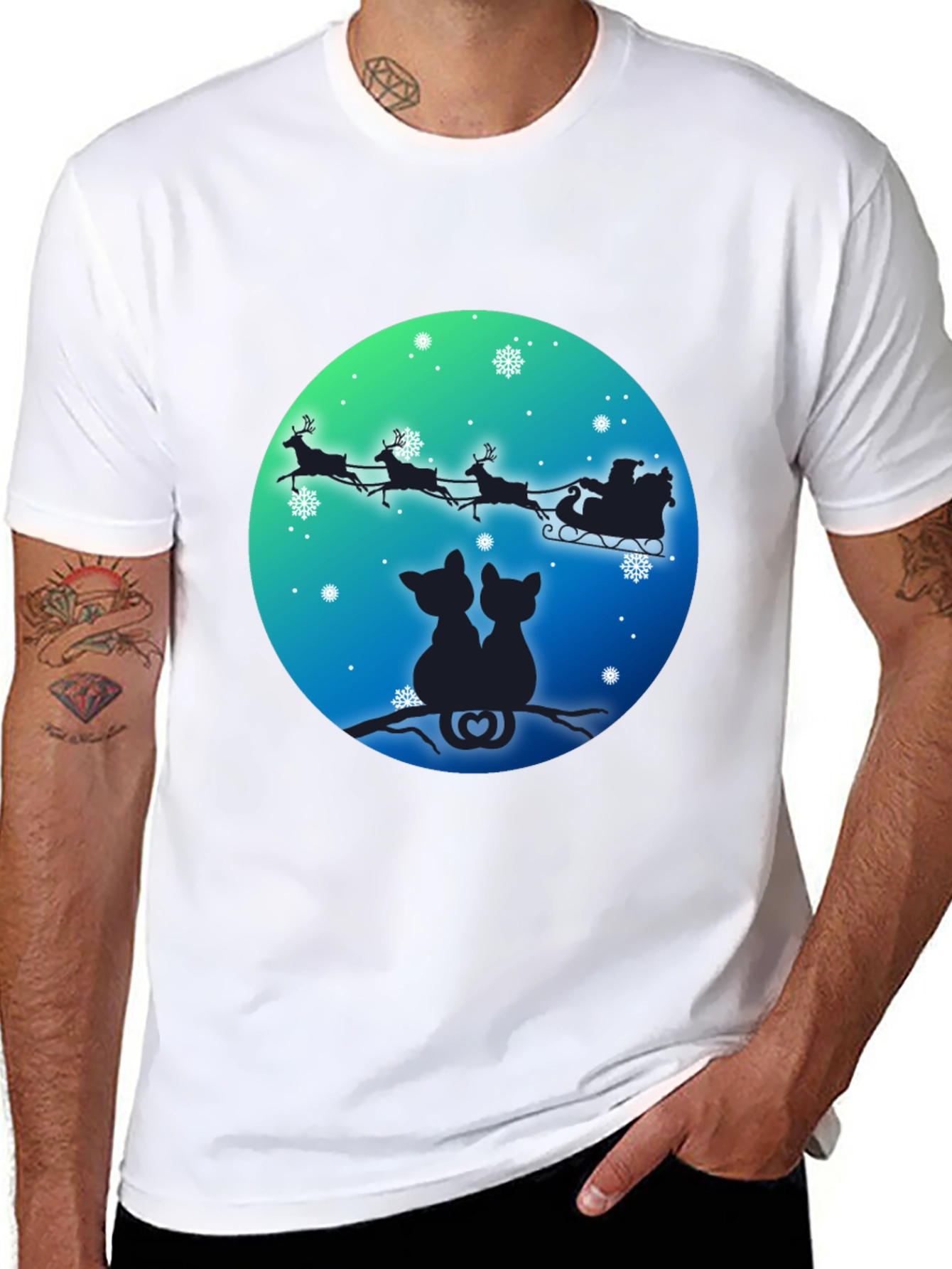 Festive Cats & Santa Sleigh Black T-Shirt