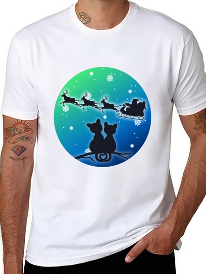 Festive Cats & Santa Sleigh Black T-Shirt