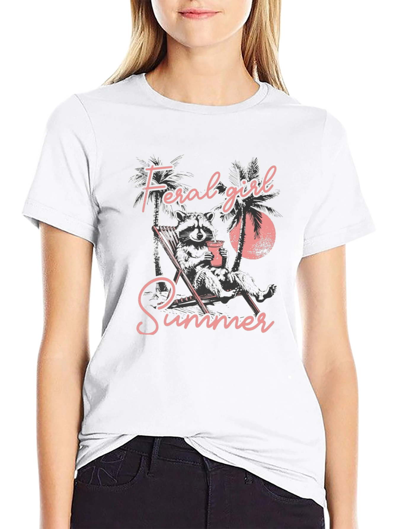 Feral Girl Summer Graphic Tee - Relaxed Raccoon Design
