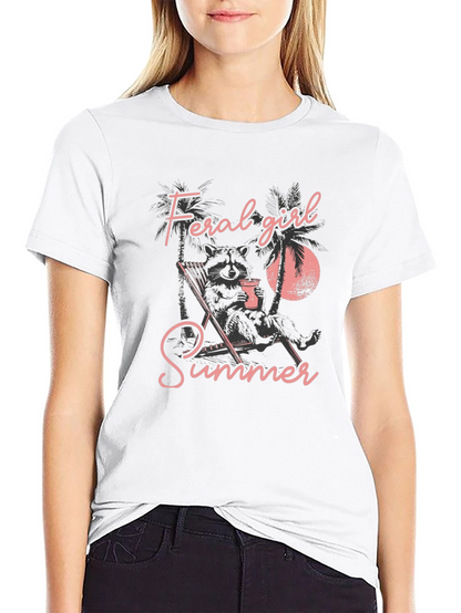 Feral Girl Summer Graphic Tee - Relaxed Raccoon Design