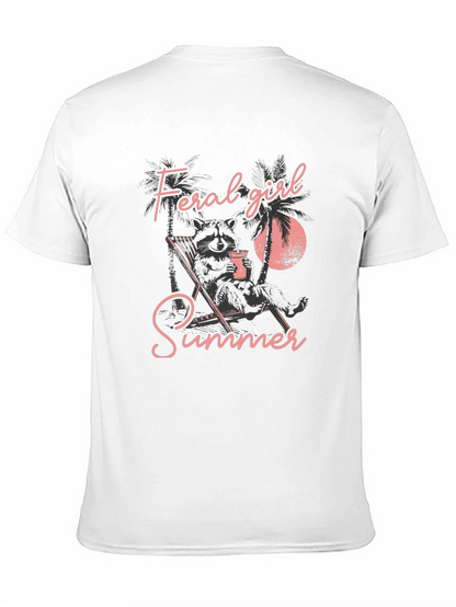 Feral Girl Summer Graphic Tee - Relaxed Raccoon Design
