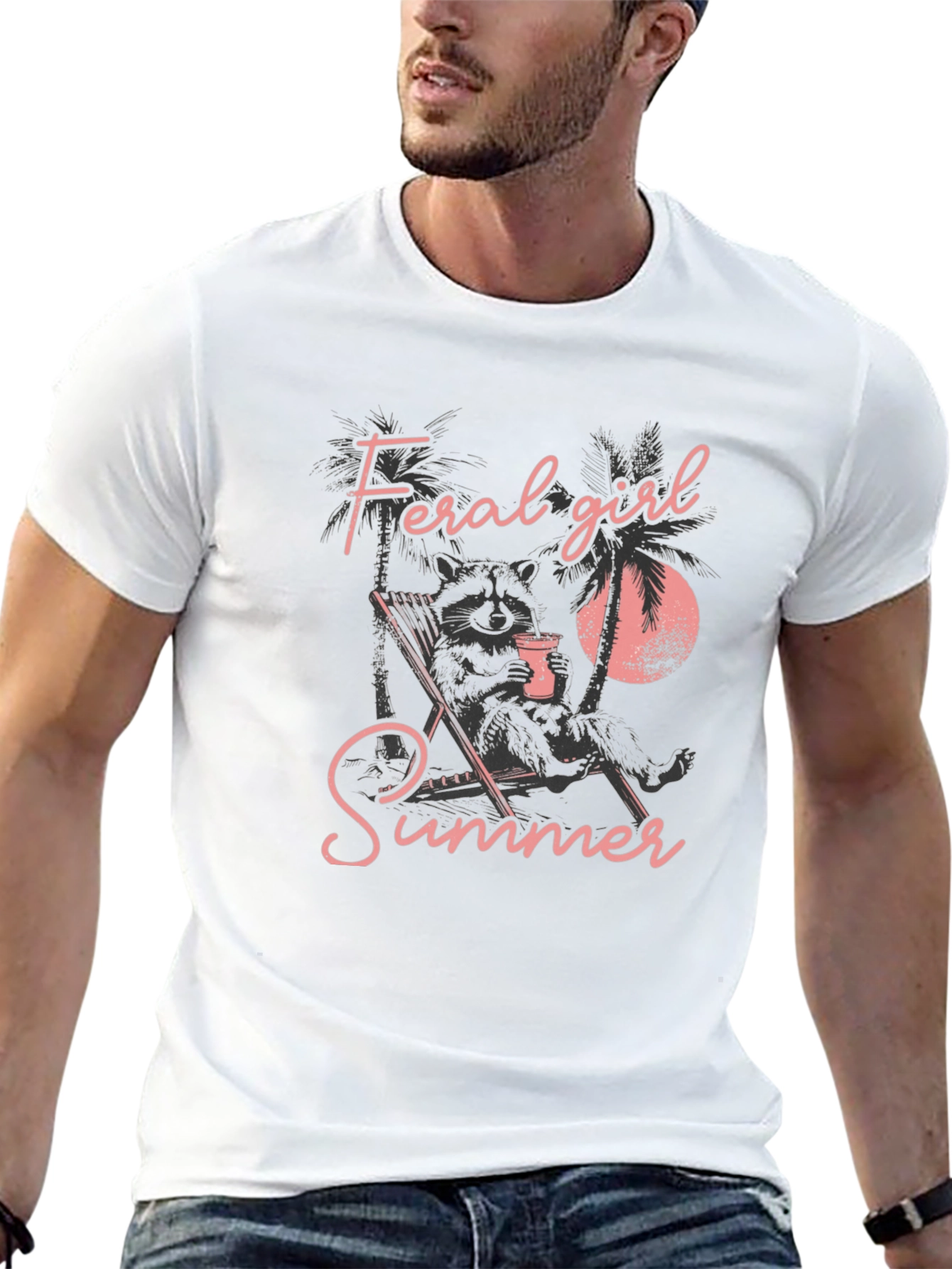 Feral Girl Summer Graphic Tee - Relaxed Raccoon Design