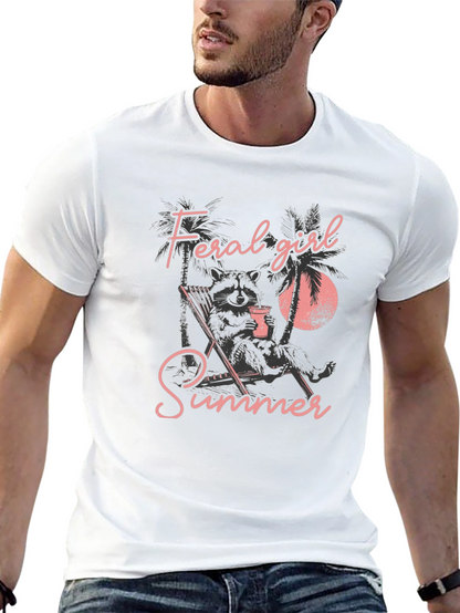 Feral Girl Summer Graphic Tee - Relaxed Raccoon Design