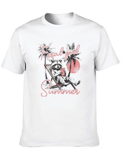 Feral Girl Summer Graphic Tee - Relaxed Raccoon Design