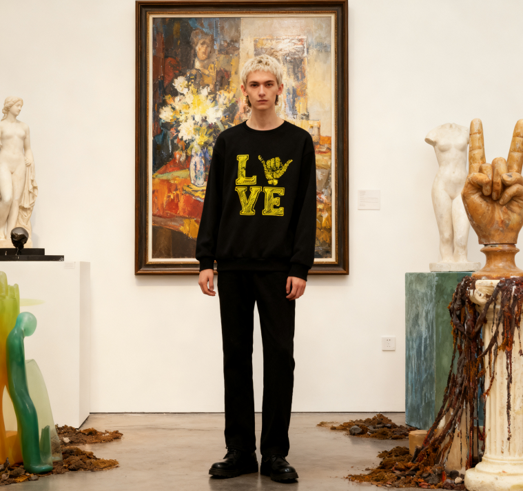 Streetwear-Inspired LOVE Hand Sign Sweatshirt – Black & Yellow Statement Piece