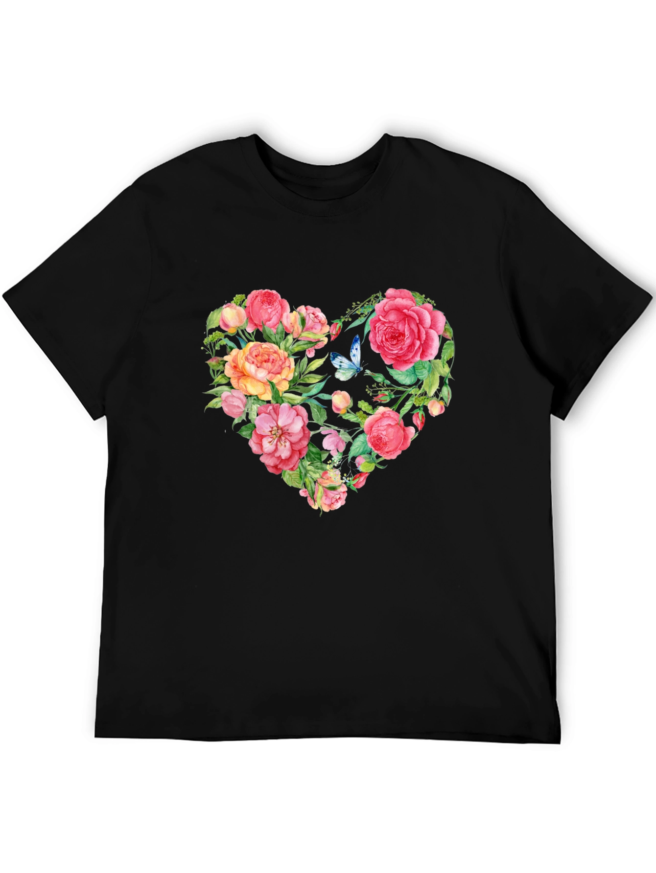 Floral Heart Graphic Tee - Black Cotton T-Shirt