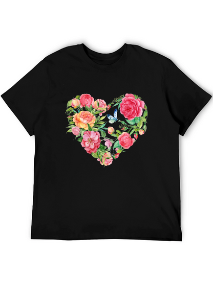 Floral Heart Graphic Tee - Black Cotton T-Shirt