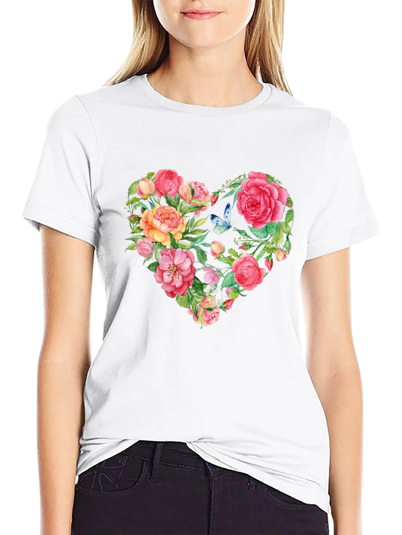 Floral Heart Graphic Tee - Black Cotton T-Shirt
