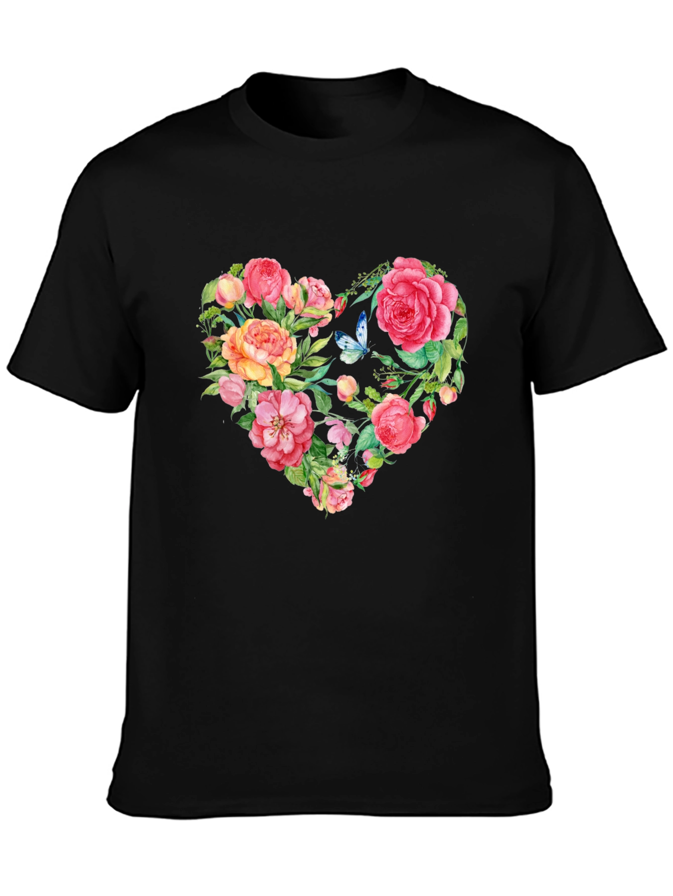 Floral Heart Graphic Tee - Black Cotton T-Shirt
