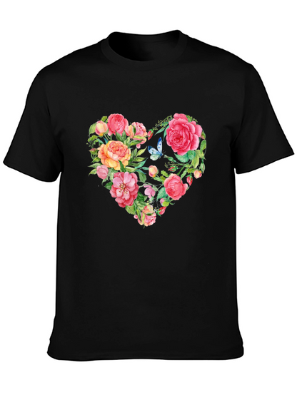 Floral Heart Graphic Tee - Black Cotton T-Shirt