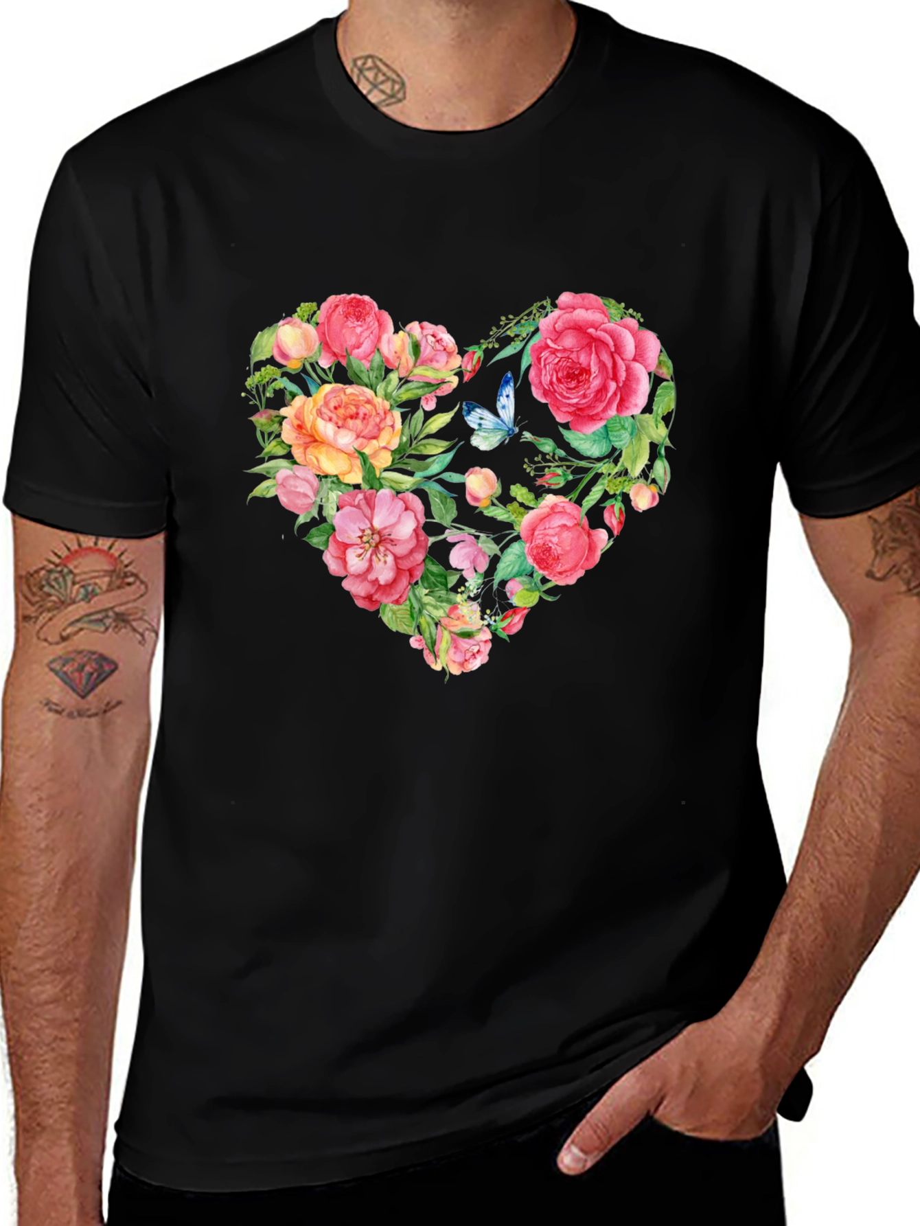 Floral Heart Graphic Tee - Black Cotton T-Shirt