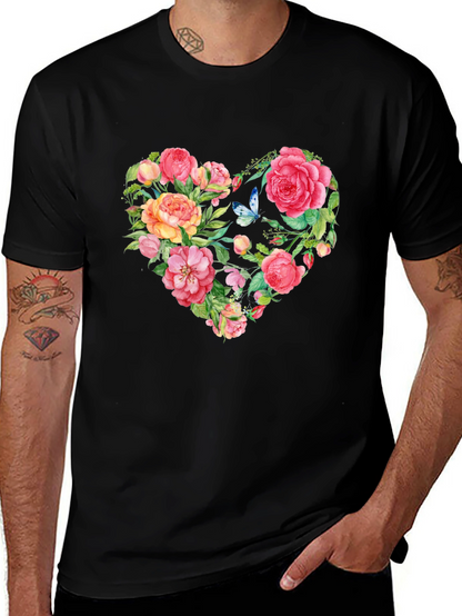 Floral Heart Graphic Tee - Black Cotton T-Shirt