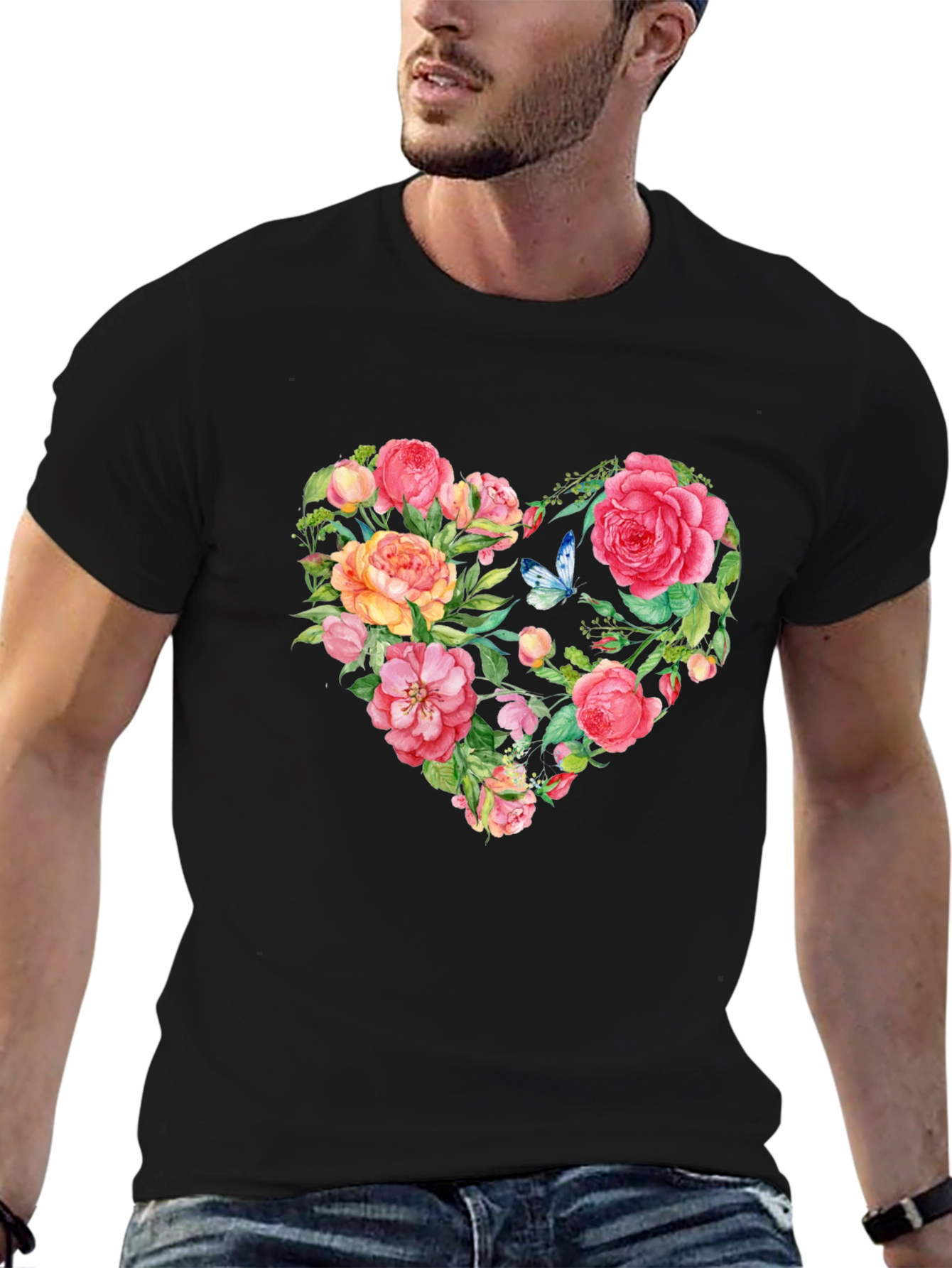 Floral Heart Graphic Tee - Black Cotton T-Shirt