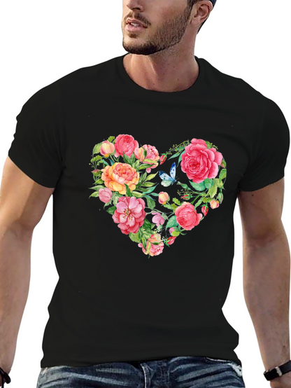 Floral Heart Graphic Tee - Black Cotton T-Shirt