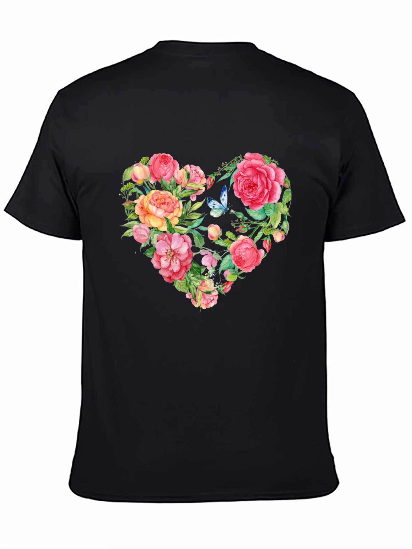 Floral Heart Graphic Tee - Black Cotton T-Shirt