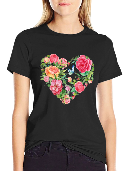 Floral Heart Graphic Tee - Black Cotton T-Shirt