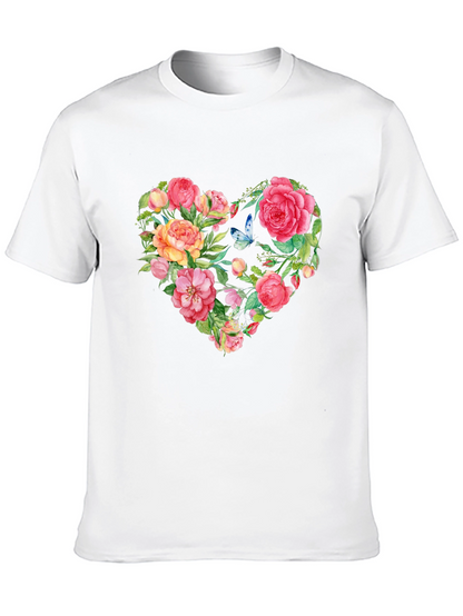 Floral Heart Graphic Tee - Black Cotton T-Shirt