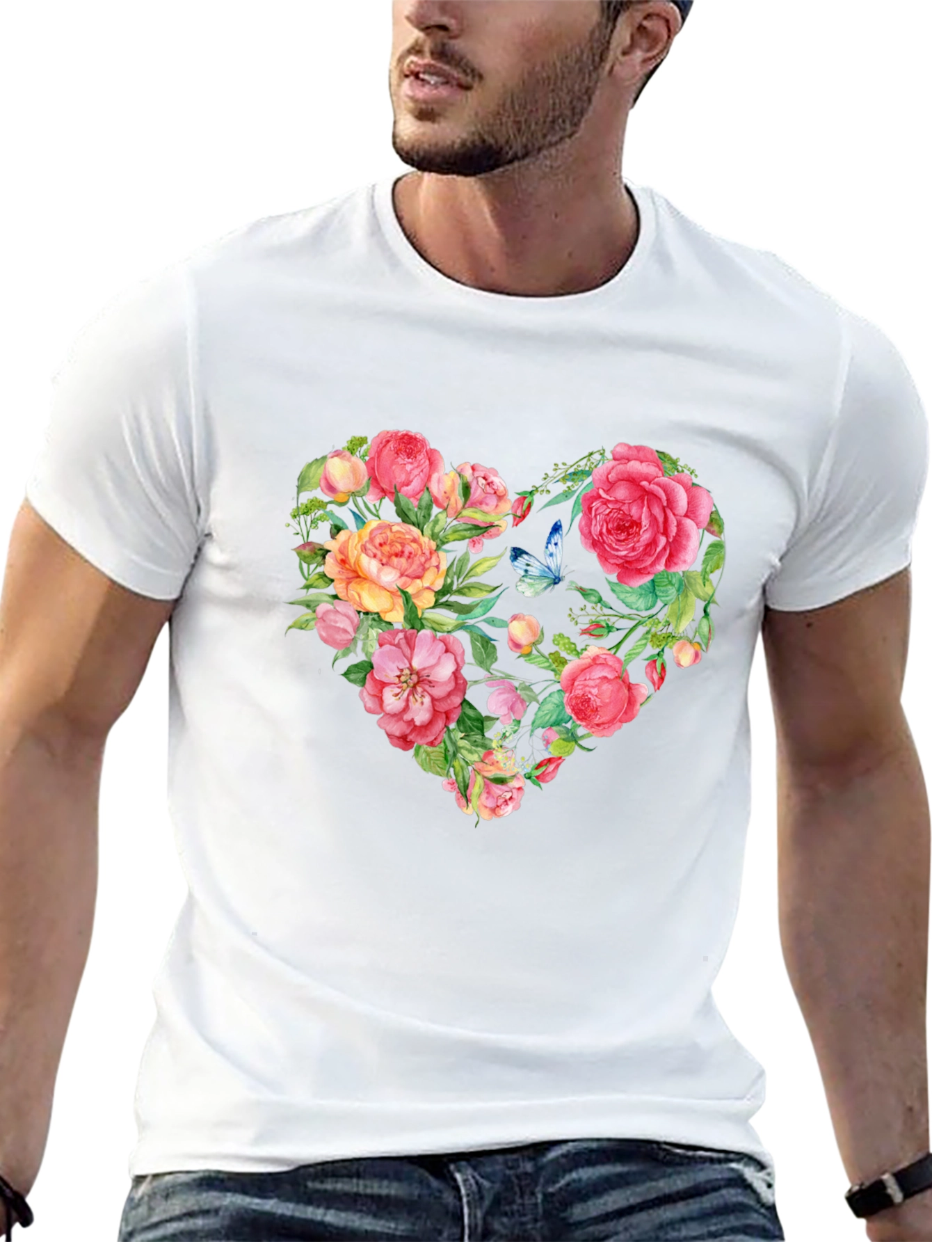 Floral Heart Graphic Tee - Black Cotton T-Shirt