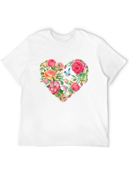Floral Heart Graphic Tee - Black Cotton T-Shirt