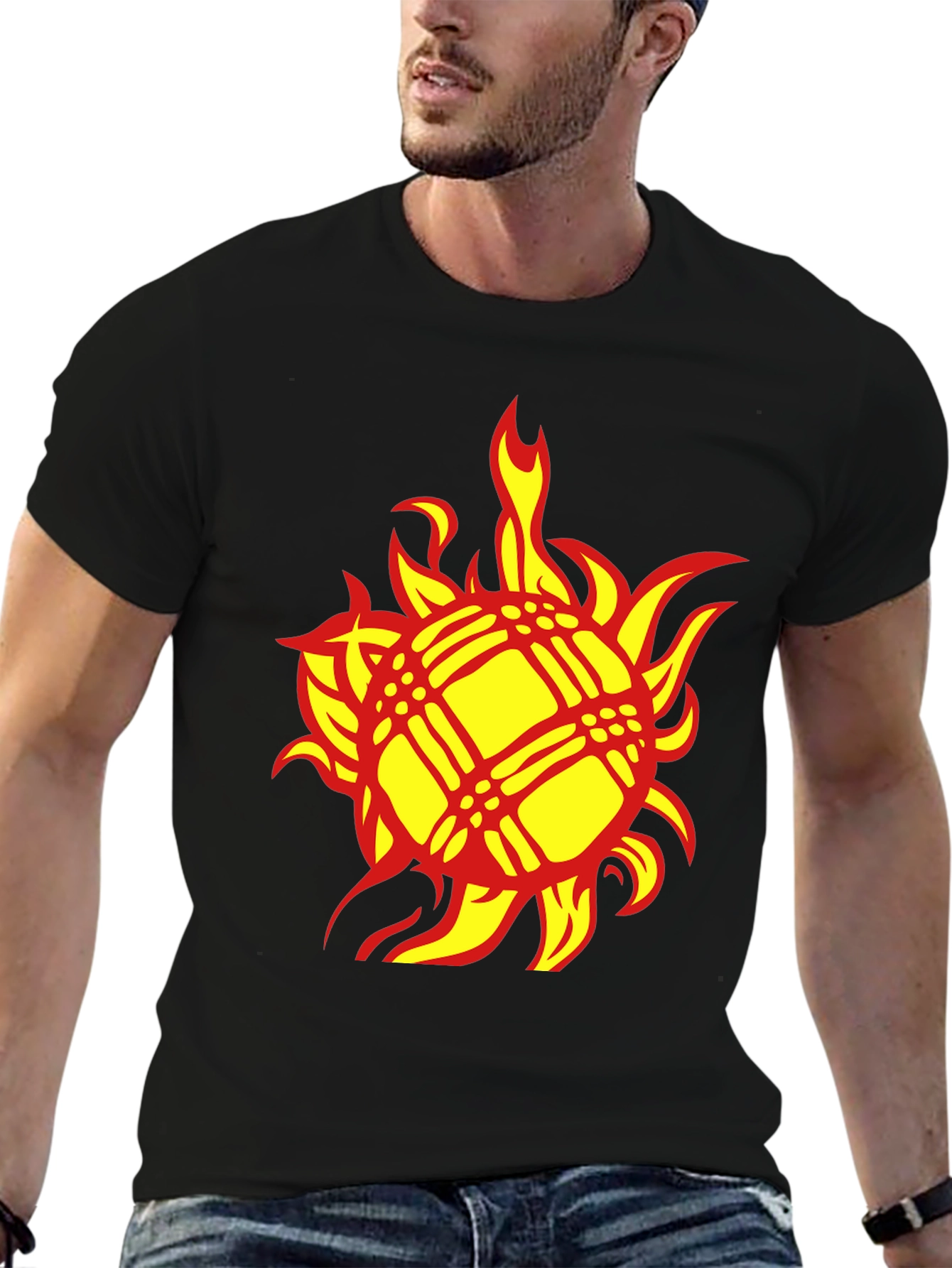 Fiery Sun Graphic Tee - Bold Black Cotton T-Shirt