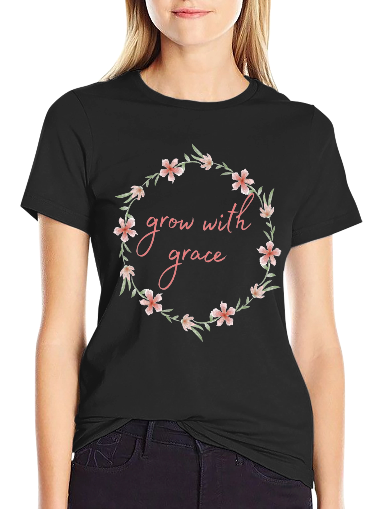 Grow with Grace Floral Wreath Graphic T-Shirt