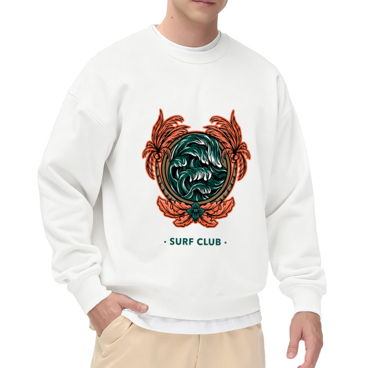 Surf Club Sweatshirt - Retro Wave Palm Badge Crewneck, Vintage Surf Aesthetic Pullover, Beach Surfer Gift Sweatshirt, Coastal Badge Top