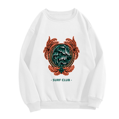 Surf Club Sweatshirt - Retro Wave Palm Badge Crewneck, Vintage Surf Aesthetic Pullover, Beach Surfer Gift Sweatshirt, Coastal Badge Top