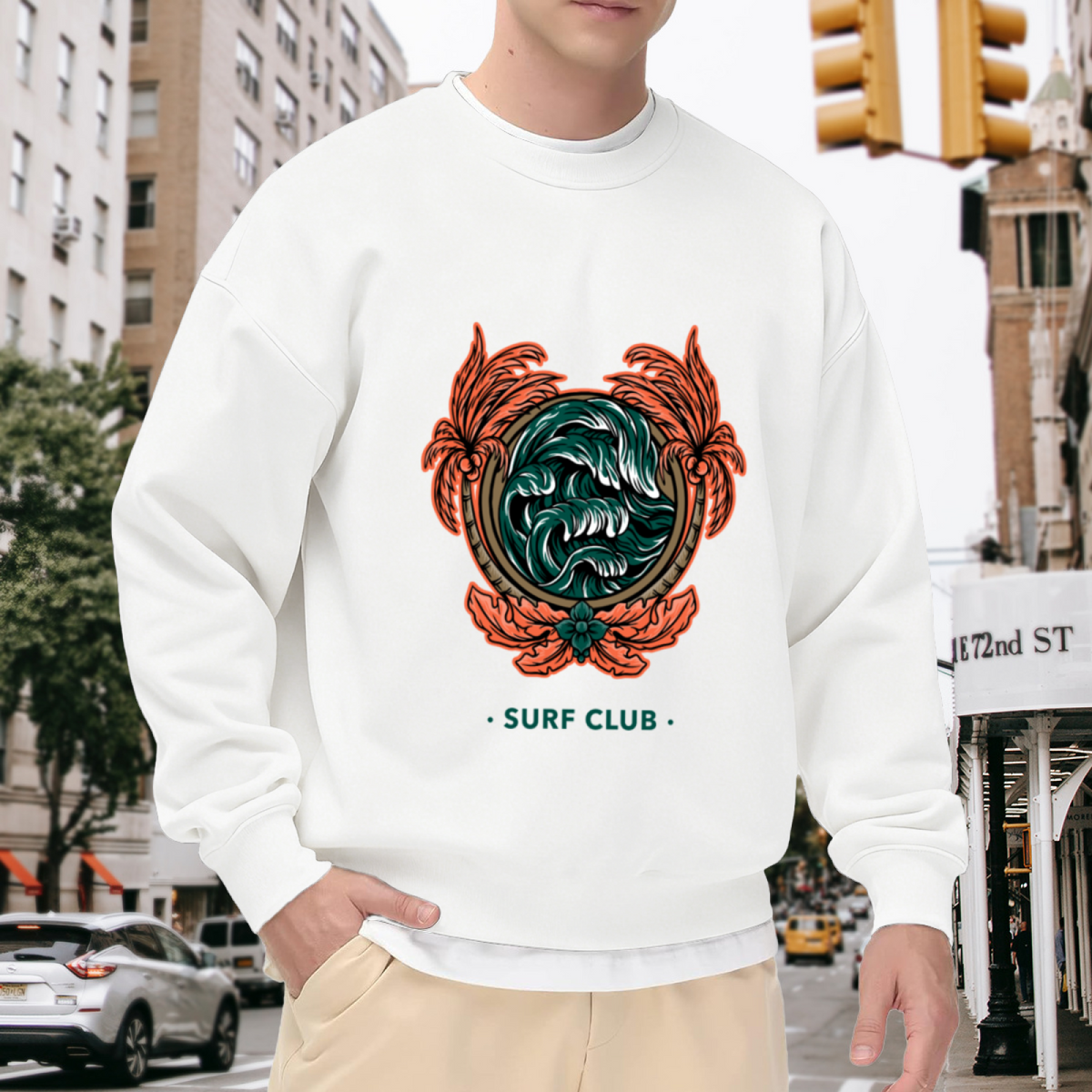 Surf Club Sweatshirt - Retro Wave Palm Badge Crewneck, Vintage Surf Aesthetic Pullover, Beach Surfer Gift Sweatshirt, Coastal Badge Top