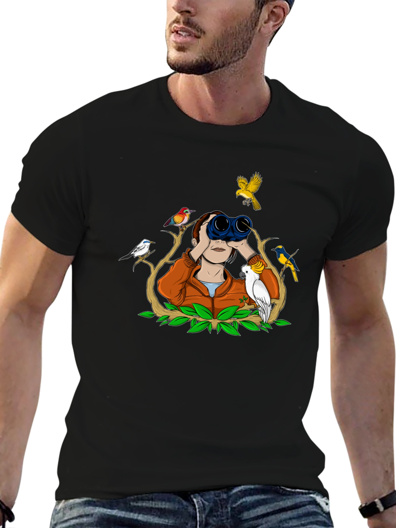 Bird Watching Tee - Binoculars and Birds Design