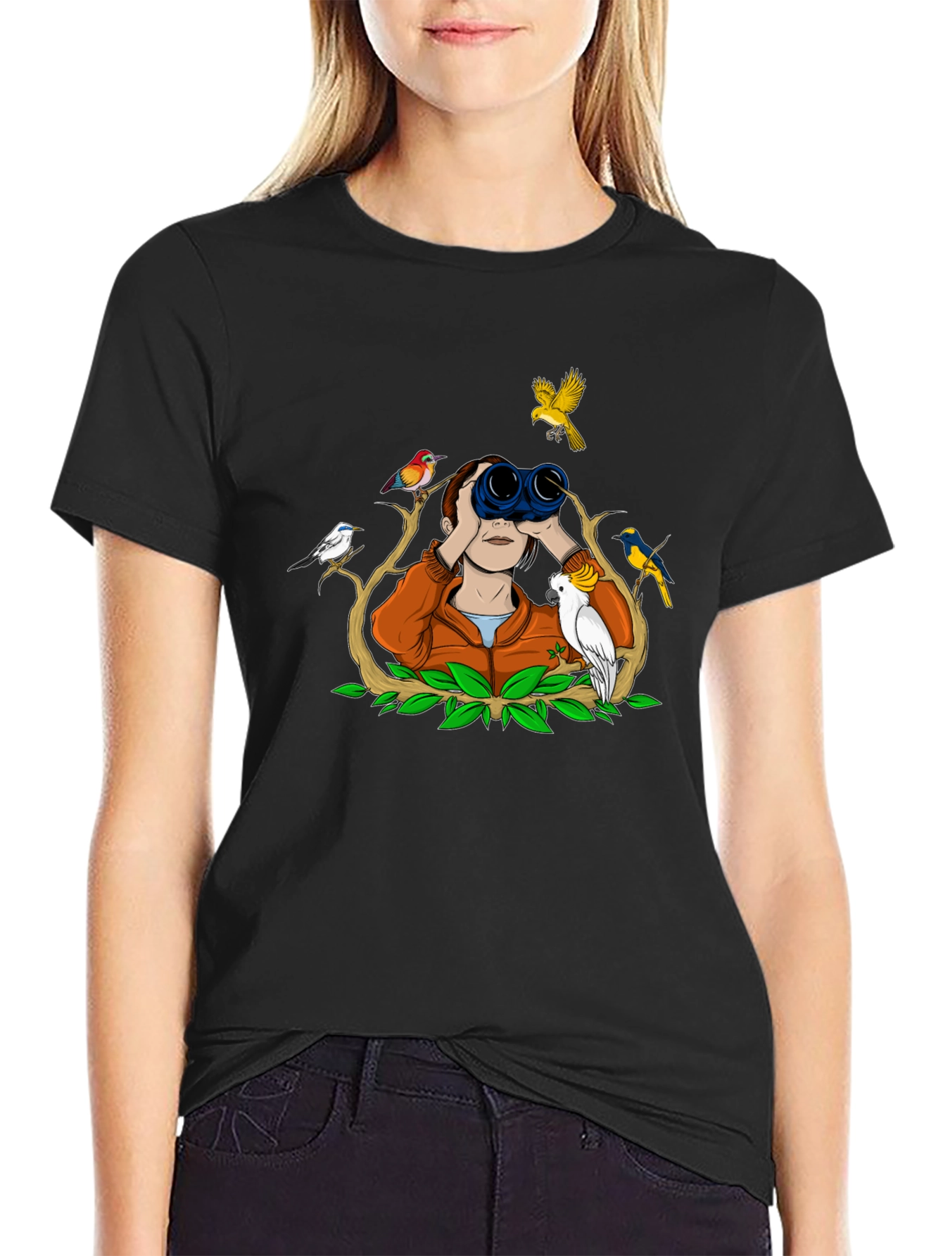 Bird Watching Tee - Binoculars and Birds Design