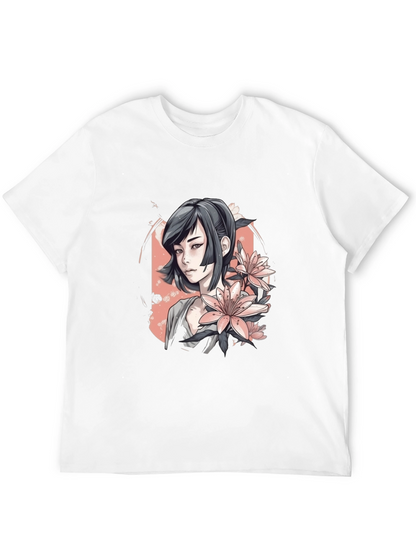 Anime Girl & Floral T-Shirt - Black