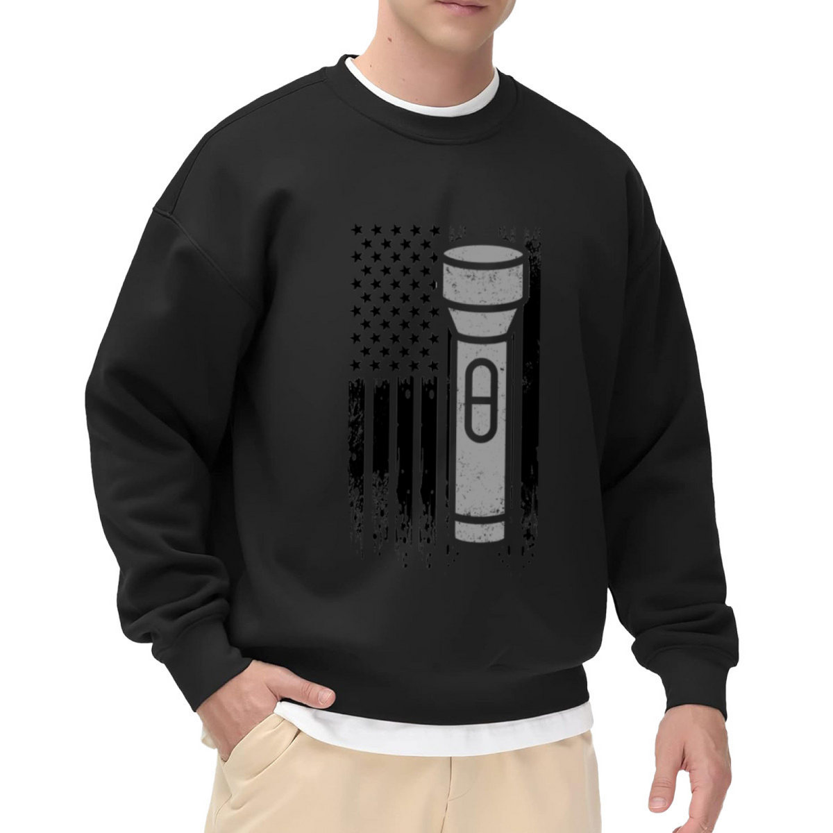 Distressed American Flag Flashlight Crewneck Sweatshirt - Patriotic USA Veteran Pullover