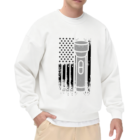 Distressed American Flag Flashlight Crewneck Sweatshirt - Patriotic USA Veteran Pullover