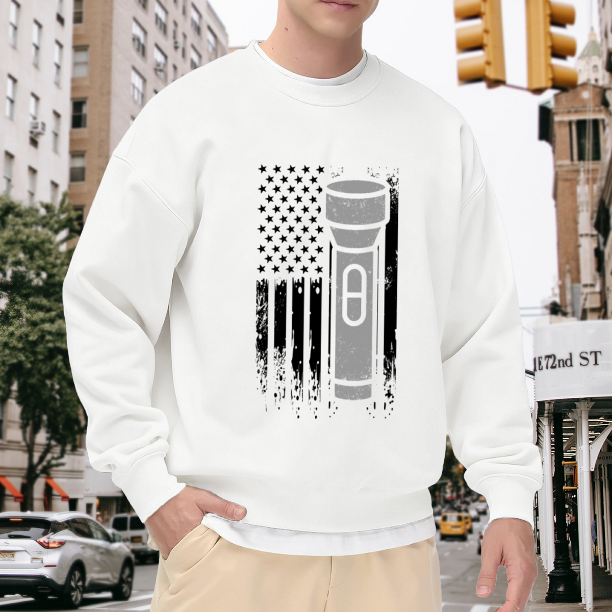 Distressed American Flag Flashlight Crewneck Sweatshirt - Patriotic USA Veteran Pullover