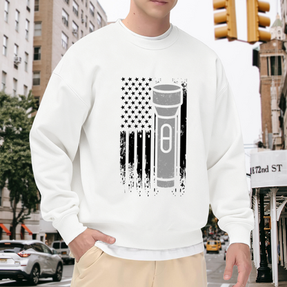Distressed American Flag Flashlight Crewneck Sweatshirt - Patriotic USA Veteran Pullover