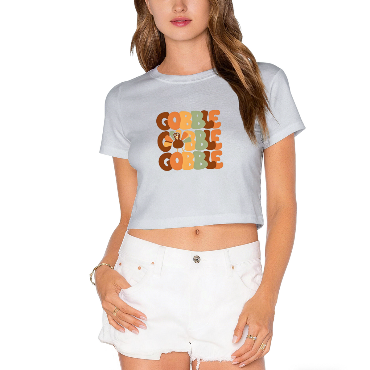 Gobble Gobble Retro Groovy Turkey Thanksgiving Fall Crop Top