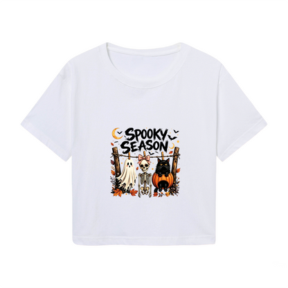 Spooky Season Ghost Skeleton Black Cat Fall Halloween Cropped Tee