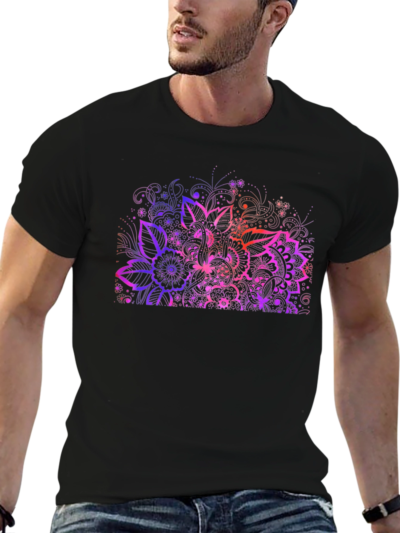 Floral Mandala Graphic Print Black T-Shirt